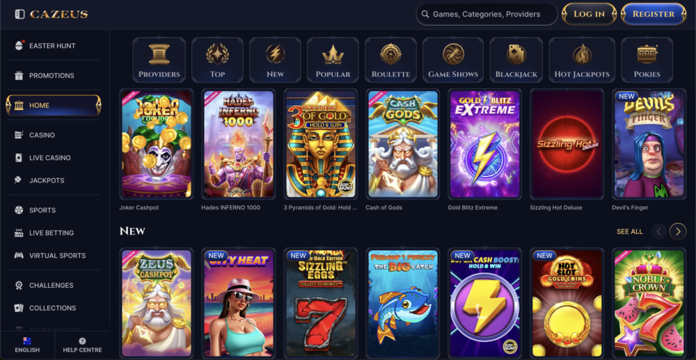 cazeus casino games selection page