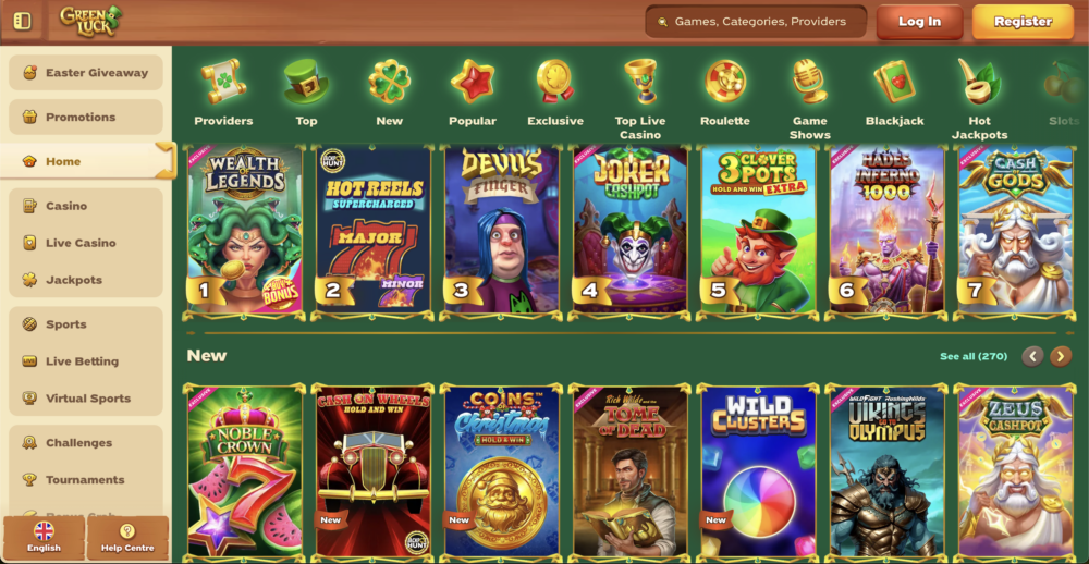 greenluck casino games selection page