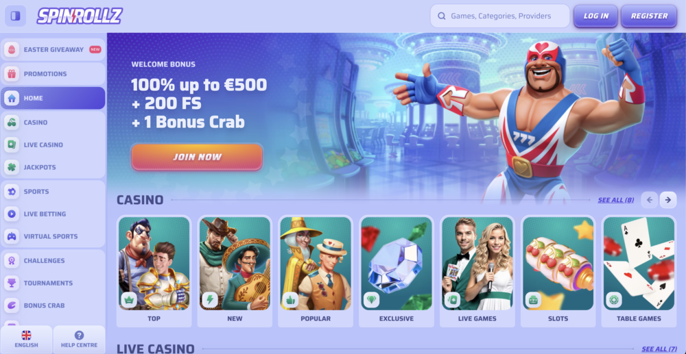 spinrollz casino online-homepage
